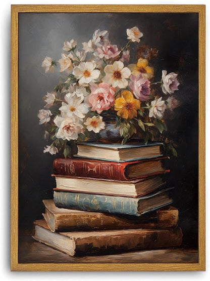 Djmwtb Framed Wall Art Vintage Pictures Wall Decor Books Canvas Art Floral Paintings Prints Dark Academia Artwork for Library Study Room Classroom