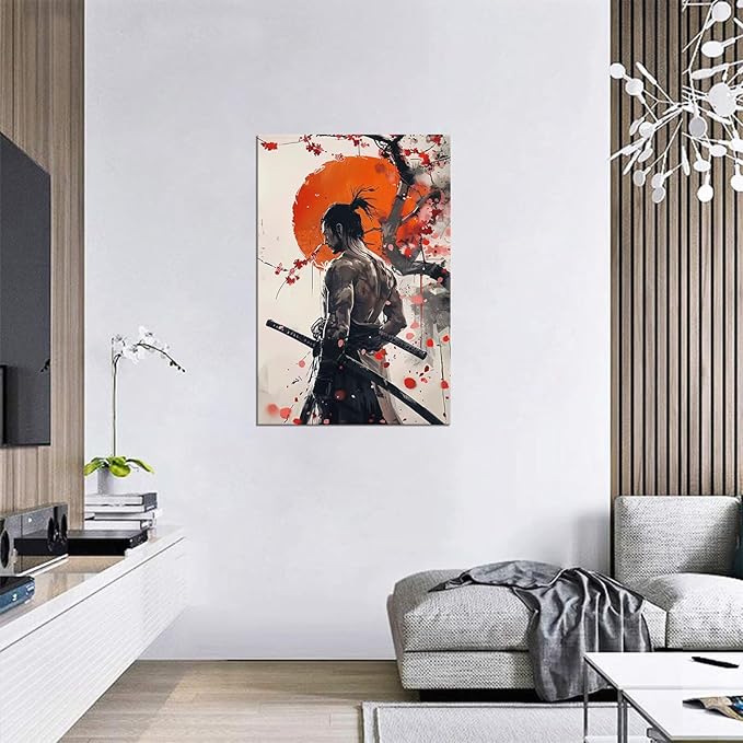 Japan Warrior Wall Art Armored Samurai Painting Canvas Prints Asian Cherry Blossom Picture Modern Watercolor Painting for Bedroom Living Room Office Home Decoration Framed (28''W x 44''H)