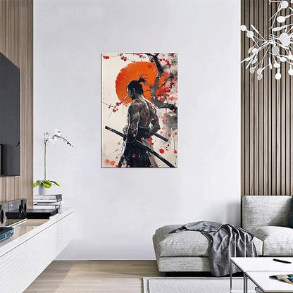 Japan Warrior Wall Art Armored Samurai Painting Canvas Prints Asian Cherry Blossom Picture Modern Watercolor Painting for Bedroom Living Room Office Home Decoration Framed (28''W x 44''H)