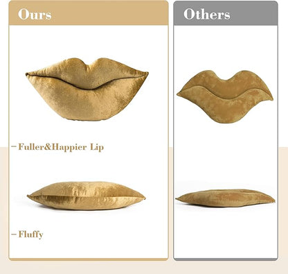 AELS 3D Large Lips Throw Pillows Smooth Soft Velvet Decorative Throw Pillows Love Pillows Cute Pillow Set of 2 for Couch Sofa Bed Living Room Bedroom, Gold