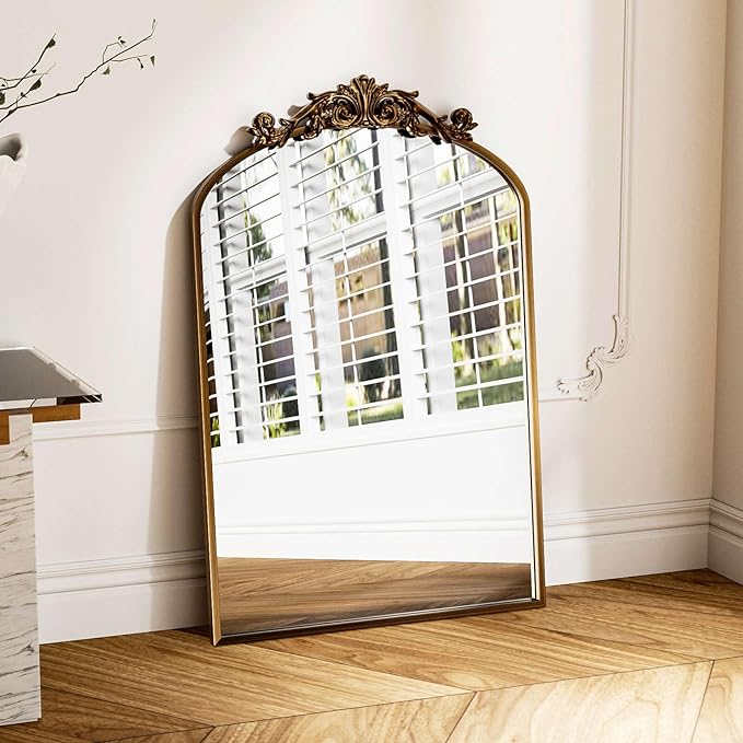 Traditional Vintage Gold Mirror, Antique Arched Mirror, Bronze Decor Wall Mirrors, Large Baroque Mirror with Aluminum Frame, Ornate Mirrors for Bathroom, Living Room, Fireplace (30"x22")