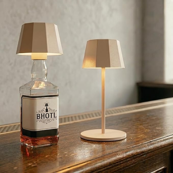 Modern 2-in-1 Table Lamp & Bottle Lamp, Pleated Metal Shade Touch Control Lamp | Adjustable Height, Warm Light & RGB, Stepless Dimming, Anti-Tip Design,Trapezoid,Beige