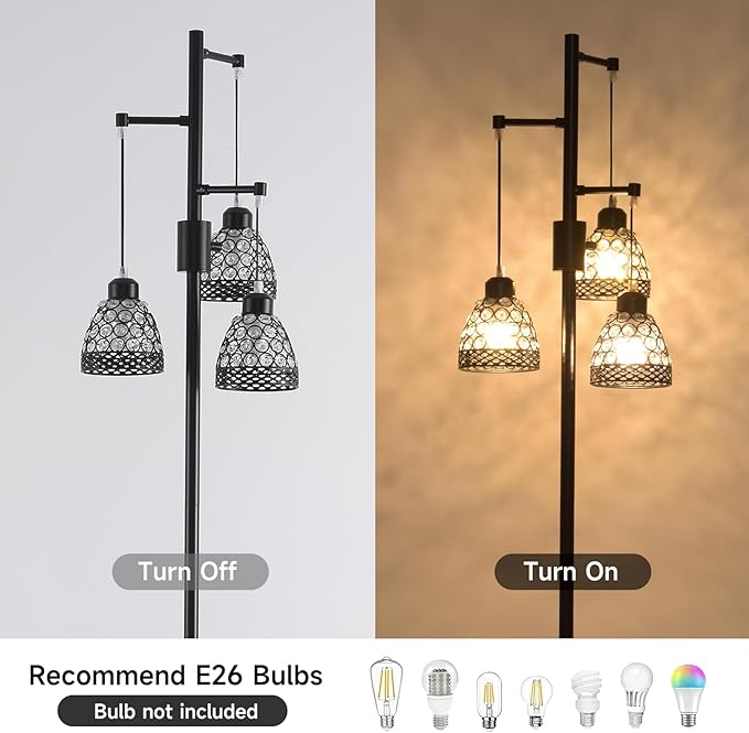 -Modern 3-Head Floor Lamp with Crystal Beads, Industrial Metal Standing Lamp Adjustable Hanging Light for Living Room-Black