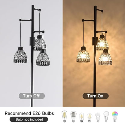 -Modern 3-Head Floor Lamp with Crystal Beads, Industrial Metal Standing Lamp Adjustable Hanging Light for Living Room-Black