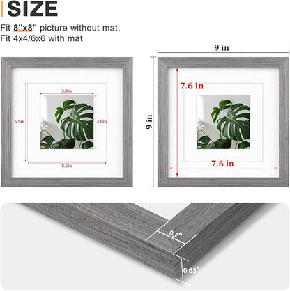 Egofine 8x8 Picture Frames Made of Solid Wood with Plexiglass, Display Pictures 4x4/6x6 with Mat or 8x8 Without Mat Set of 4 for Tabletop and Wall Mounting, Light Grey