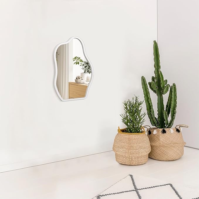 Irregular Mirror for Wall Decor White Modern Asymmetrical Small Mirrors Wooden Framed Hanging Wall Unique Shape Vanity Cloud Mirror Decorative for Living Room Bedroom Bathroom Entryway