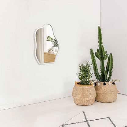 Irregular Mirror for Wall Decor White Modern Asymmetrical Small Mirrors Wooden Framed Hanging Wall Unique Shape Vanity Cloud Mirror Decorative for Living Room Bedroom Bathroom Entryway
