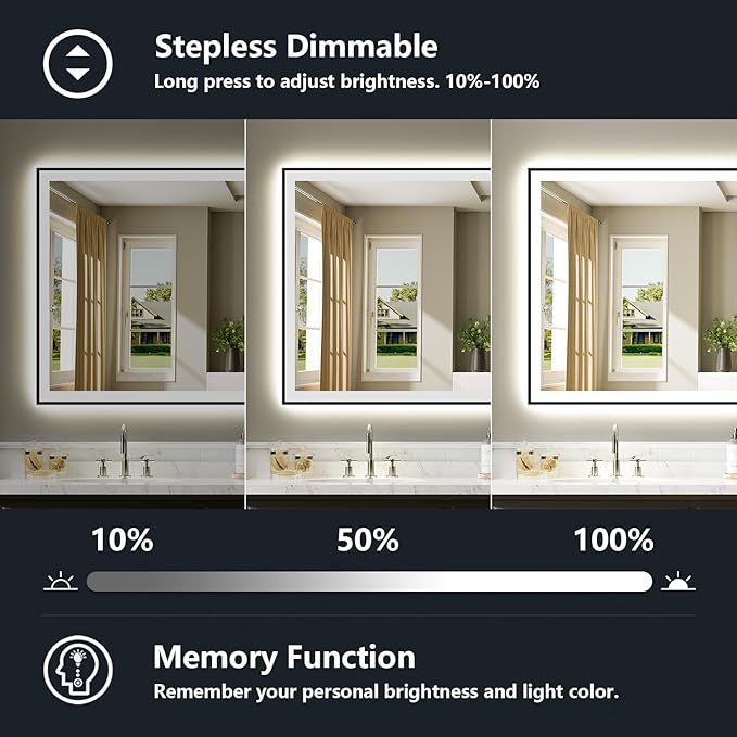 66x40 Inch LED Bathroom Mirror with Lights (Front Lit and Backlit) Black Framed Lighted Vanity Mirror for Bathroom Wall Dimmable Anti-Fog Memory Tempered Glass Horizontal/Vertical