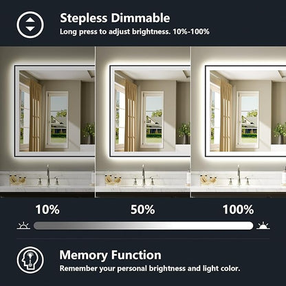 60x36 Inch LED Bathroom Mirror with Lights (Front Lit and Backlit) Black Framed Lighted Vanity Mirror for Bathroom Wall Dimmable Anti-Fog Memory Tempered Glass Horizontal/Vertical