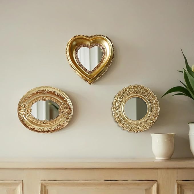 Golden Mini Vintage Mirror with Exquisite Relief Elegant Wall Decor for Bedroom Dresser Table Compact Resin Retro Design (Golden Oval, 4.7 X5.5)
