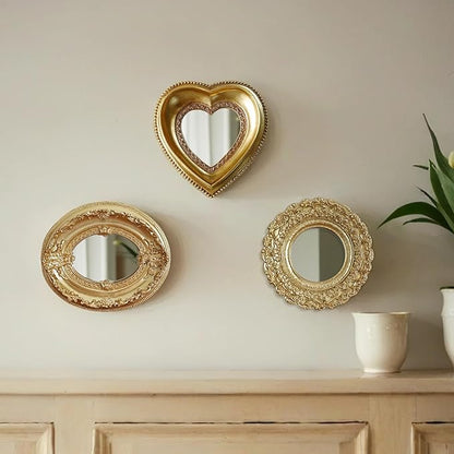 Golden Mini Vintage Mirror with Exquisite Relief Elegant Wall Decor for Bedroom Dresser Table Compact Resin Retro Design (Heart, 4.3X4.3)