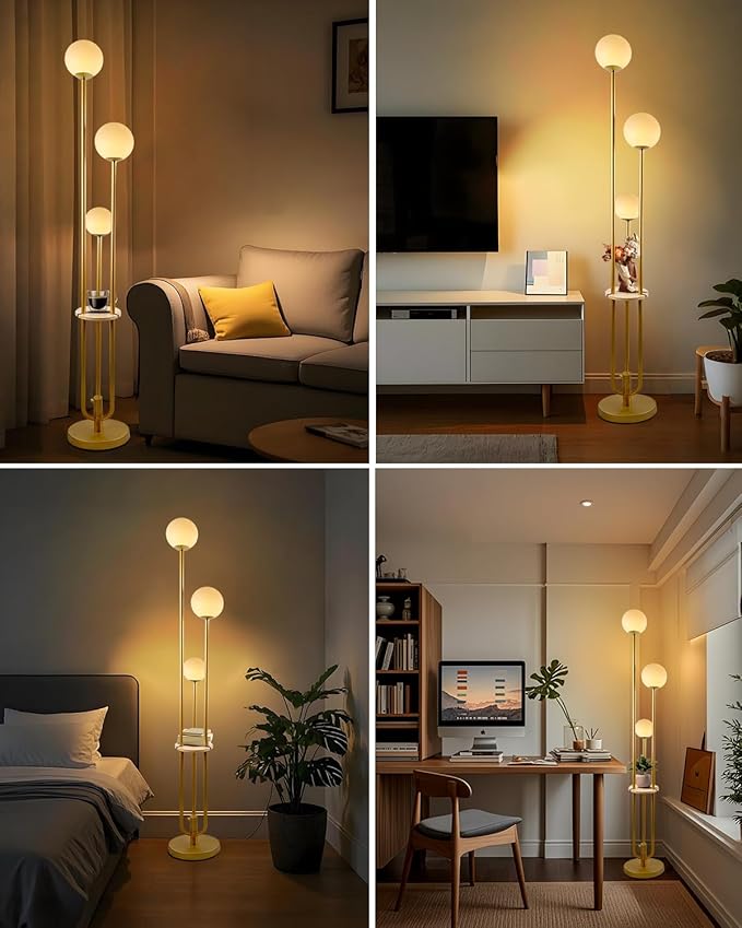 Lightdot 63IN Dimmable Gold Floor Lamp with Shelf Mid Century Standing Lamps with 3000K Bulbs Included Modern Globe Floor Lamp with 5Lbs Heavy Base for Living Room/Party/Sofa Beside/Corner Decor