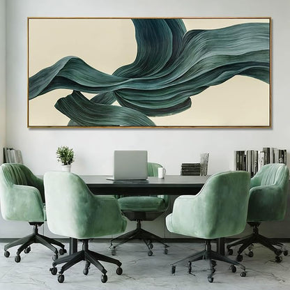 Large Abstract Canvas Wall Art 32x70 Inch, Dark Green Framed Canvas Wall Art, Modern Horizontal Printed Wall Art with Wooden Frame for Living Room Home Decor
