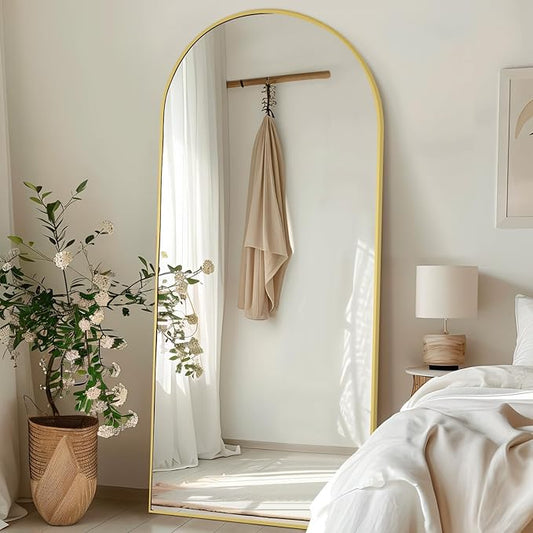76"X34" Large Floor Mirror Full Length, Gold Arched Full Length Mirror with Stand, Hanging or Leaning Standing Full Body Mirror for Bedroom Living Room Gym, Tempered Glass