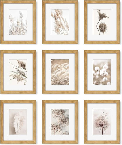 YESKAY 8x10 Picture Frame Set of 9, Display Pictures 5x7 with Mat or 8 x 10 Without Mat, Multi Photo Frames for Wall Mounting or Table Top Display, Natural Oak