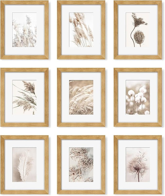 YESKAY 8x10 Picture Frame Set of 9, Display Pictures 5x7 with Mat or 8 x 10 Without Mat, Multi Photo Frames for Wall Mounting or Table Top Display, Natural Oak