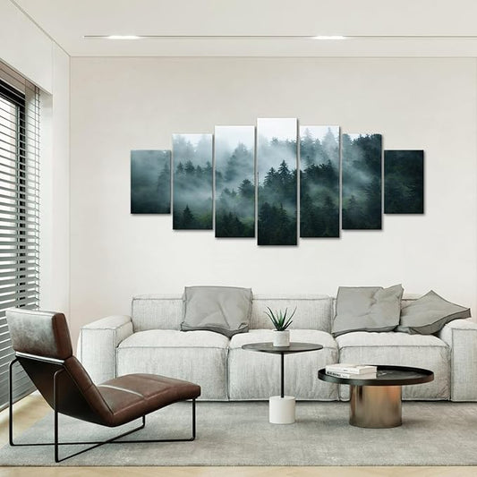 iKNOW FOTO XLarge 7 Panel Canvas Print Wall Art Misty and Fog Over Dark Mountain Forest Wilderness Nature Photography Modern Art Rustic Landscape Picture 70x32 Inches