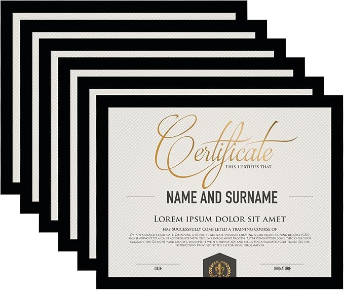 8.5x11 Picture Frame Set of 6, Certificate Document Frame, Diploma Frame, Display Pictures 6x8 with Mat or 8.5x11 Without Mat, Black