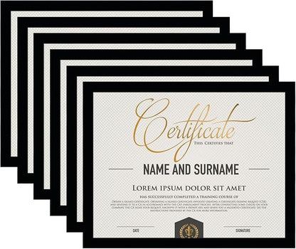 8.5x11 Picture Frame Set of 6, Certificate Document Frame, Diploma Frame, Display Pictures 6x8 with Mat or 8.5x11 Without Mat, Black