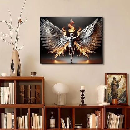 3D Metal Angel Wall Art Mural Futurism Poster Cybernetics Wing Warriors Canvas Printed Images Science Fiction Robot Artwork with Wings of Fire Modern Fantasy Gallery Decoration, Living Room Bedroom Office Manhole 12x16 inches