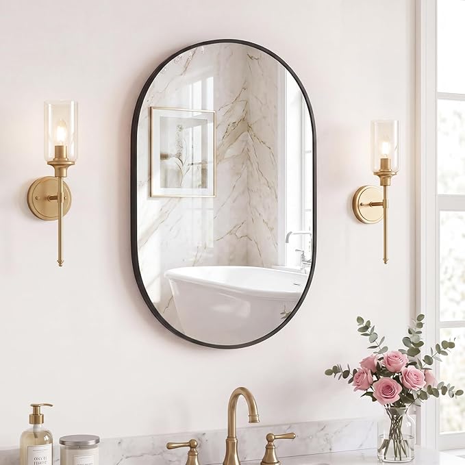 Sweetcrispy 20" x 30" Black Bathroom Mirror for Wall, Oval Wall Mirror with Metal Frame, Tempered Glass, Modern Vanity Mirror for Over Sink, Living Room, Bedroom, Entryway, Horizontal or Vertical