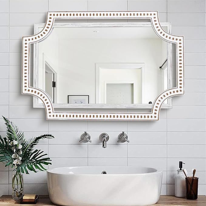HOITUZYUS 24x36 Inch Rustic Farmhouse Wall Mirror for Bathroom, Boho Wooden Frame Rectangular Mirrors for Fireplace, Entryway, Living Room & Bedroom, Horizontal or Vertical Hanging