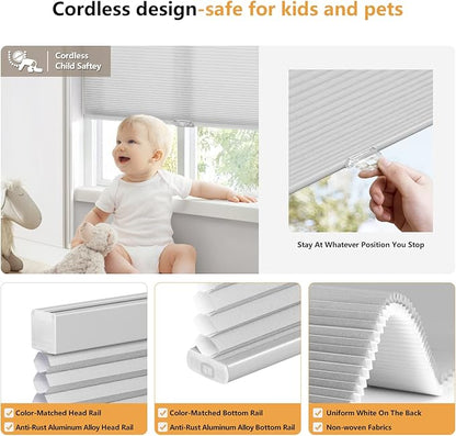 LazBlinds Cordless Cellular Shades, Light Filtering Honeycomb Shades for Home, Thermal Insulation Noise Reduction Blinds for Windows, 46'' W x 64'' H, Grey