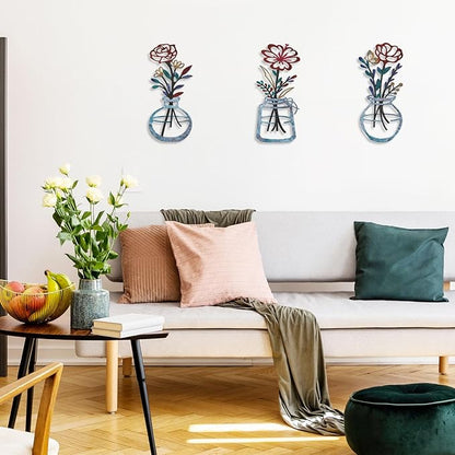 ARTINME 3 Pieces Metal Flowers Wall Arts - Rustic Farmhouse Decor Minimalist Flower Wall Decors for Living Room Bathroom Kitchen Bedroom Dining Room - Housewarming Gifts (Blue)