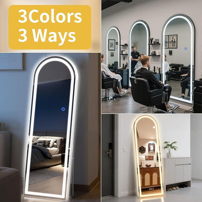 Arch Full Length Standing Mirror with LED Lights, 65"x26" Lighted Mirror with Dimming & 3 Color Lighting, Tall Mirror Full Body for Bedroom, Dressing Room