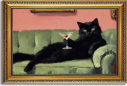YD&YZY Gold Framed Funny Cat Wall Art Canvas Black Cat Martini Vintage Quirky Humor Bar Cart Wall Decor Cute Animal Painting Picture Print Artwork for Bedroom Living Room Bathroom 16x24 inch Framed