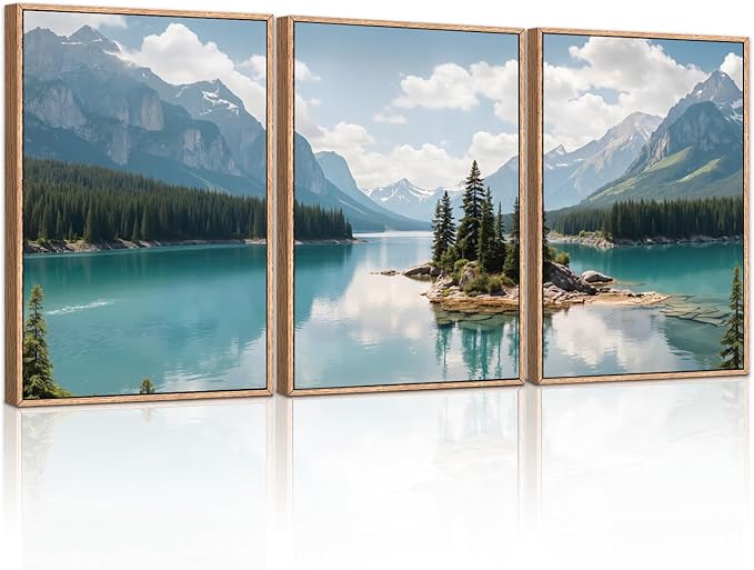 HLNIUC Lake Mountain Landscape Framed Canvas Wall Art,Large Pine Tree Forest Wall Decor,River Island Artwork Set of 3 (24x36),Blue Green Modern Nature Scenery Prints for Living Room,Bedroom,Office