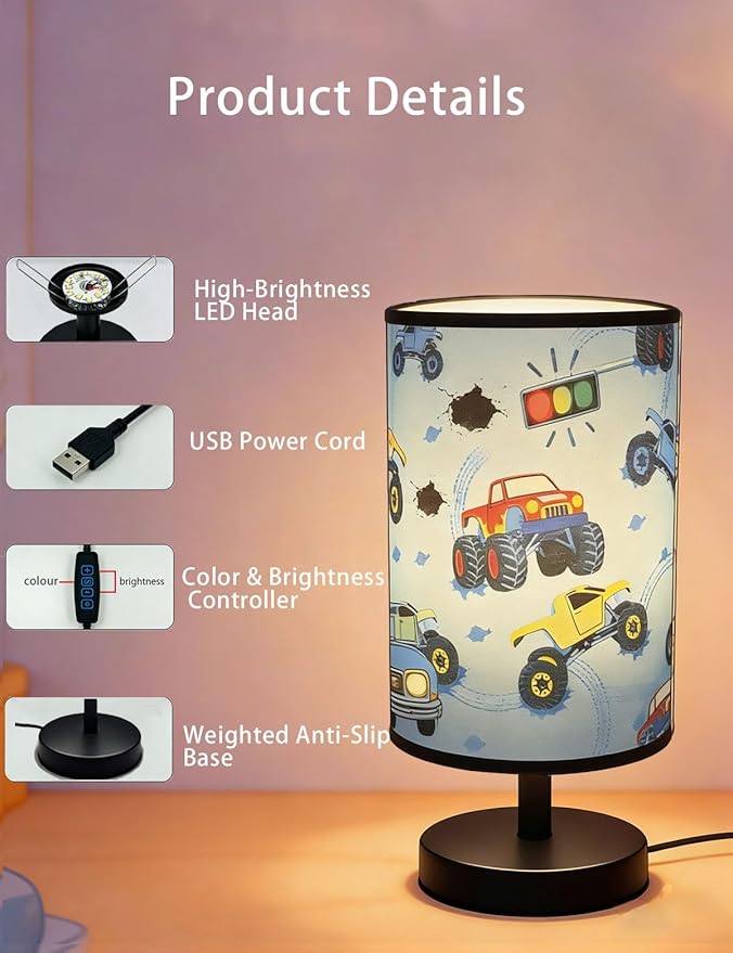Monster Truck Room Decor, Car Lamp 3-Color Small Linen Desk Lamp, 10 x 5.12 Inch with Integrated LED, Kids Lamps for Bedrooms Boys, Living Lighting Table Lamps Home Decoration (Racing Car)