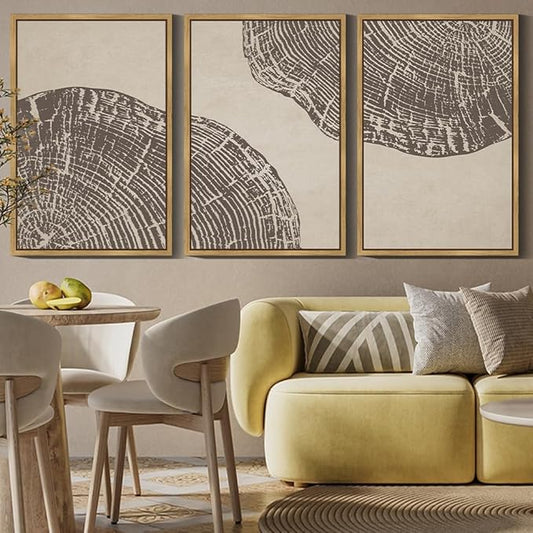 PHOPAGO Farmhouse Vintage Framed Wall Art Large 24x36in Set Gray Wood Tree Ring Spirals Nature Abstract Drawings Rustic Modern Art Decor for Living Room Bedroom - Natural Framed