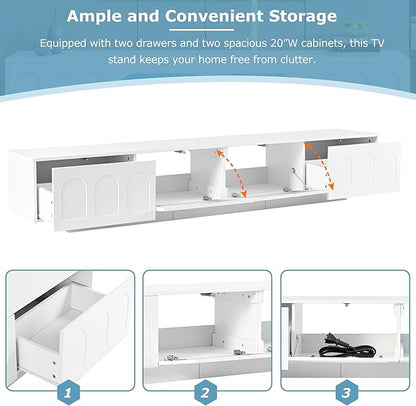 Merax TV Stand for Televisions Up to 95'', Functional Media Console with APP-Controlled Smart LED Light, Arched Cabinet Doors and Fluted Glass Doors, Entertainment Center, for Living Room, White