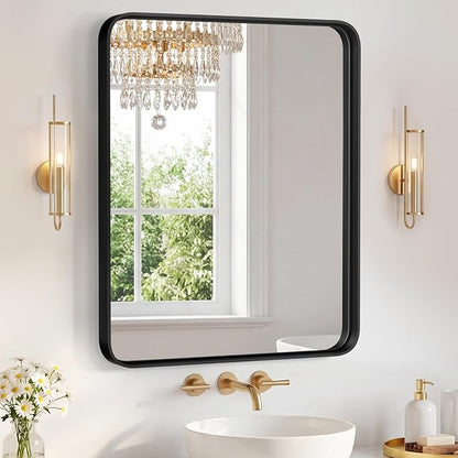 OLIXIS Bathroom Mirror for Over Sink, 30x36 Inch Wall Rounded Rectangle Mirror with Matte Metal Framed, Modern Wall Mount Vanity Mirror for Home Decor, Living Room, Bedroom, Black
