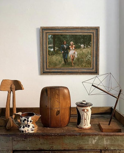 Vintage Canvas Frame for 5x7 Art Prints Oil Paintings, 2.4" Extra Wide Ornate Open Back Wall Picture Frames for Landscape Family Animal Memorial Portraits, No Cover & Back (Rustic Blue)