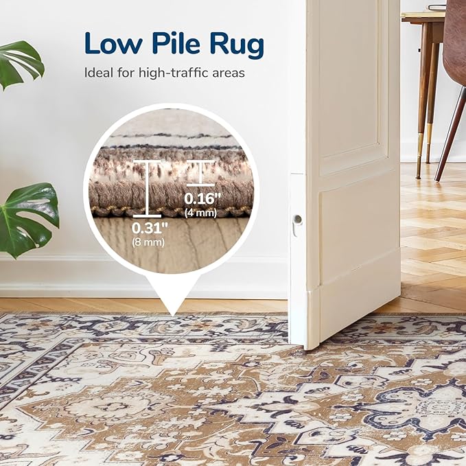 Lessymo 2 x 6 Runner Rug- Machine Washable Area Rugs Boho Faux Wool Low Pile Area Rug for Bedroom, Floral Medallion Vintage Rugs with Non-Slip Rubber,Brown Beige
