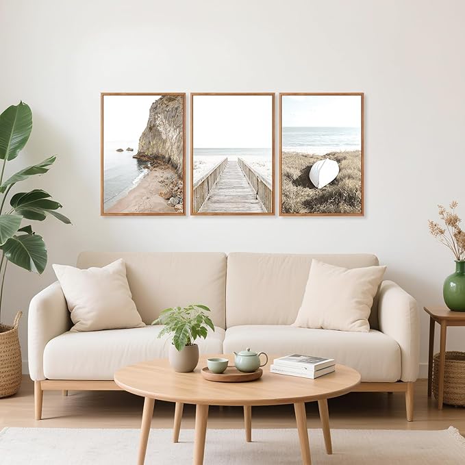 Aurlan Neutral Beach Coastal Framed Wall Art(16"x24"), 3PCS Boho Ocean Shore Waves Bridge Pathway Boardwalk Sailboat Canvas Artwork, Large Abstract Modern Seaside Seascape Landscape Nautical Decor for Bedroom Living Room