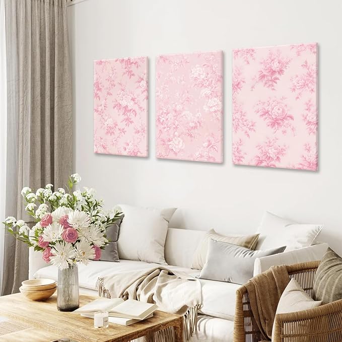 LYPHNX Framed Pink Chinoiserie Flower Canvas Wall Art light Pink Love Shack Fancy Decor Paintings Posters Set of 3 Blush Pink Painting Pictures Home Decor for bedroom Living room Bathroom 12"x16"