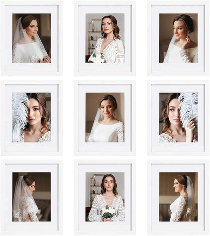 11x14 Picture Frame Set of 9, Display Pictures 8x10 with Mat or 11x14 without Mat, Multi Collage Gallery Square Photo Frames for Wall or Tabletop, White