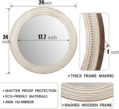 Reflinto 24 Inch Boho Wooden Round Mirrors for Wall Decor, Rustic Farmhouse Decorative Circle Mirror for Bathroom Over Sink, Living Room, Entryway, Bedroom