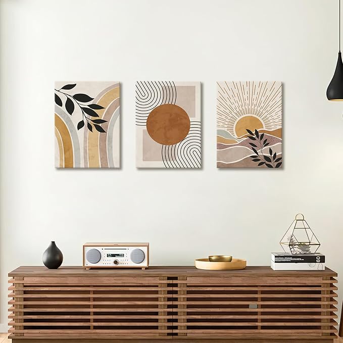 WENGTIAO 3Pcs Boho Orange Desert Canvas Wall Art Colorful Geometric Line Leaf Sun Prints Pictures Paintings Abstract Mid Century Nature Plant Artwork for Living Room Bedroom Office Bathroom 12x16x3