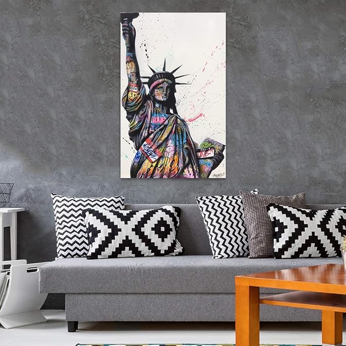 Graffiti Statue of Liberty Canvas Wall Art Large Patriotic USA Wall Decor Colorful American Freedom Street Art Print for Living Room Bedroom Office Ready to Hang 28x44 inch