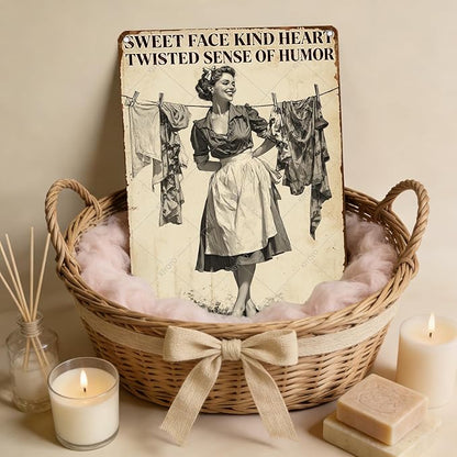 Retro Women Wall Decor Sweet Face Kind Heart Twisted Sense Of Humor Metal Tin Sign Farmhouse Rustic Art Plaque Rustic Laundry Decor 12x8 Inch