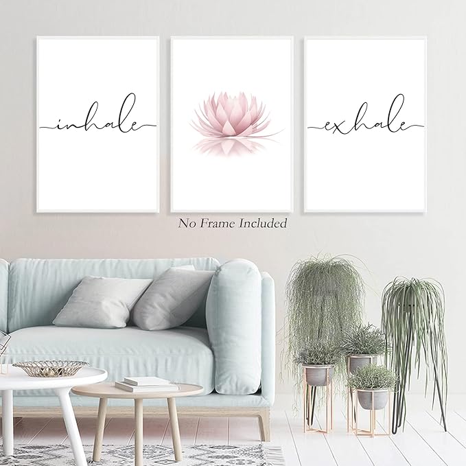 Pennclys Inhale Exhale Wall Art Zen Canvas Decor Yoga Lotus Wall Art Calming Meditation Artwork Pink Yoga Poster Zen Pictures Painting for Living Room Bedroom 16x24 Inch Unframed Set of 3