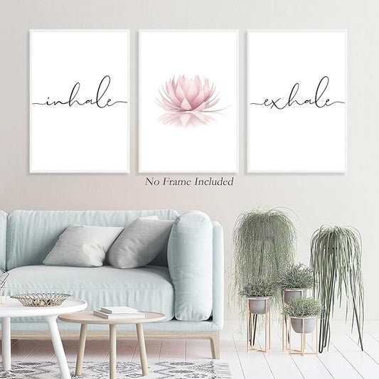 Pennclys Inhale Exhale Wall Art Zen Canvas Decor Yoga Lotus Wall Art Calming Meditation Artwork Pink Yoga Poster Zen Pictures Painting for Living Room Bedroom 16x24 Inch Unframed Set of 3