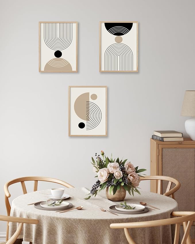 HesenDot Unframed Abstract Geometric Line Wall Art Set of 3, 12x16in Boho Mid Century Canvas Prints, Modern Arch Posters, Neutral Minimalist Wall Decor for Living Room Bedroom Bathroom Study