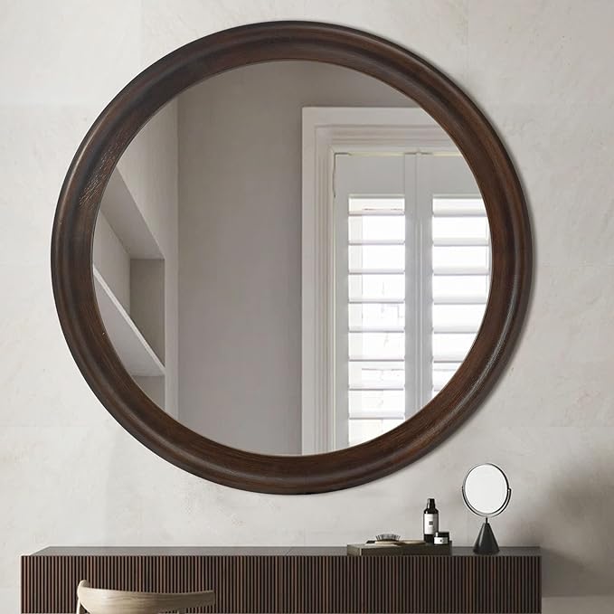 CULER Round Wall Mirrors 30 Inch,Wood Rustic Decorative Transitional Mirror with Walnut Frame for Wall,Farmhouse Hanging Vanity Mirror for Bathroom Bedroom Living Room or Entryway (Walnut Brown)