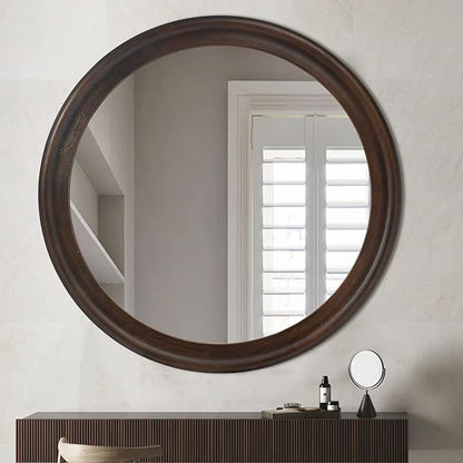 CULER Round Wall Mirrors 30 Inch,Wood Rustic Decorative Transitional Mirror with Walnut Frame for Wall,Farmhouse Hanging Vanity Mirror for Bathroom Bedroom Living Room or Entryway (Walnut Brown)