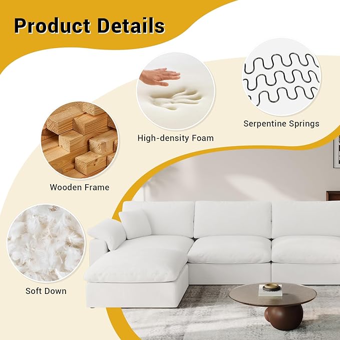 Cloud Modular Couch for Living Room,7 Seater U Shape Linen Blend Sofas,Modern Deep Seat Cloud Sofas,Convertible Comfort Down Filled Sectional Couches,Removable Washable Cushion Covers,White